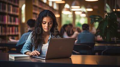 Student, female and portrait of a young girl working, doing an assignment or researching on a laptop in a school or college library. Confident, Indian, female teen doing homework in an information centre