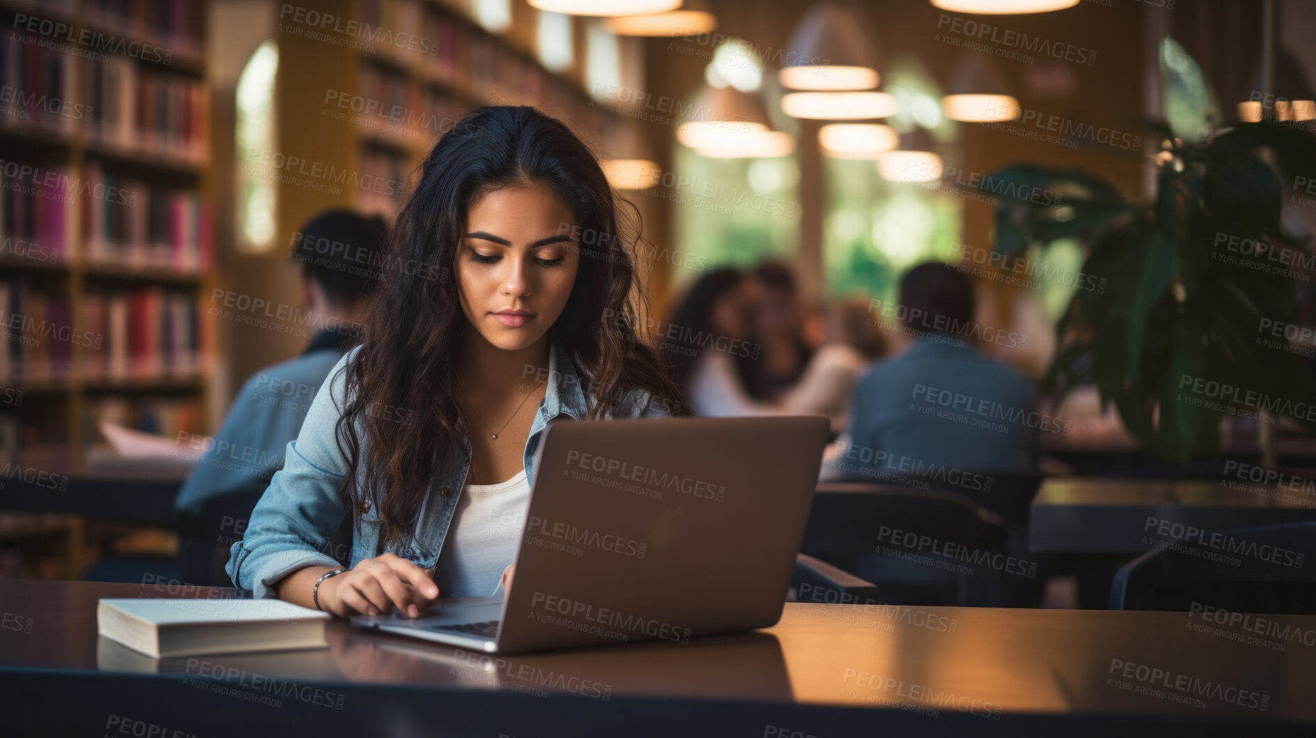 Buy stock photo Student, female and portrait of a young girl working, doing an assignment or researching on a laptop in a school or college library. Confident, Indian, female teen doing homework in an information centre