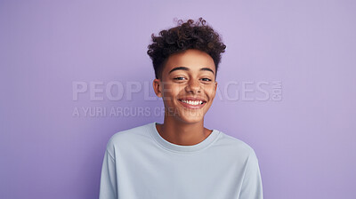 Buy stock photo Happy, teen boy and portrait of a student smiling, high school and education concept with copy-space. Confident, African American male posing against a purple background in studio