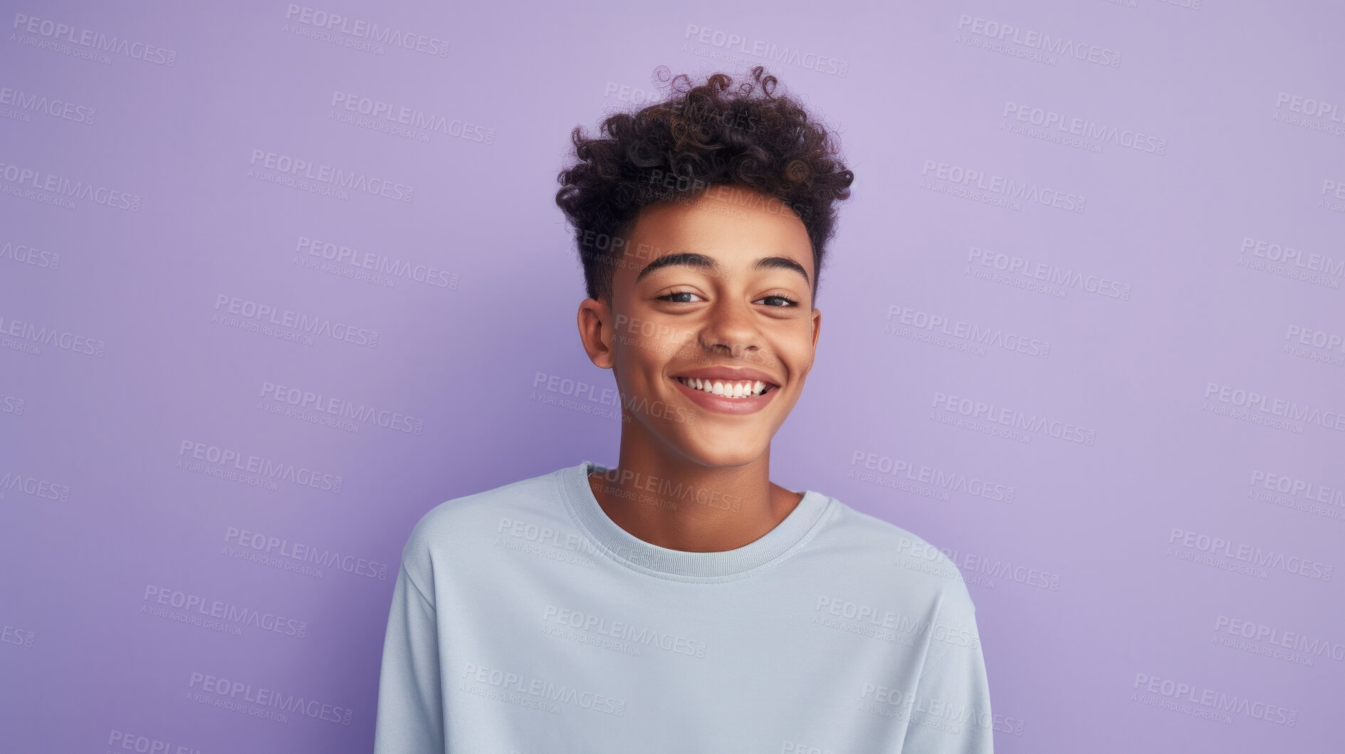 Buy stock photo Happy, teen boy and portrait of a student smiling, high school and education concept with copy-space. Confident, African American male posing against a purple background in studio