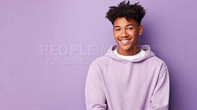 Happy, teen boy and portrait of a student smiling, high school and education concept with copy-space. Confident, African American male posing against a purple background in studio
