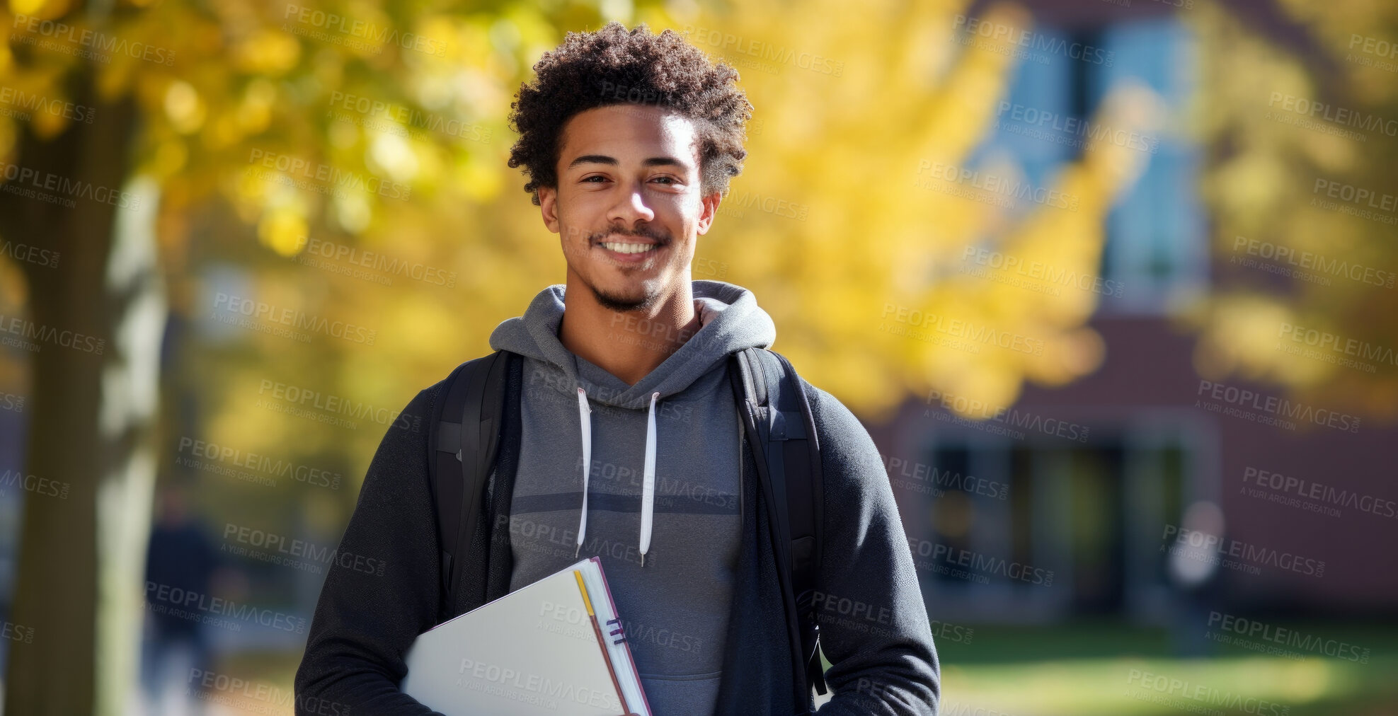 Buy stock photo Happy, man or student portrait smiling wearing a backpack, at university, college or school. Confident, African American, and motivated youth male for studies, learning and higher education