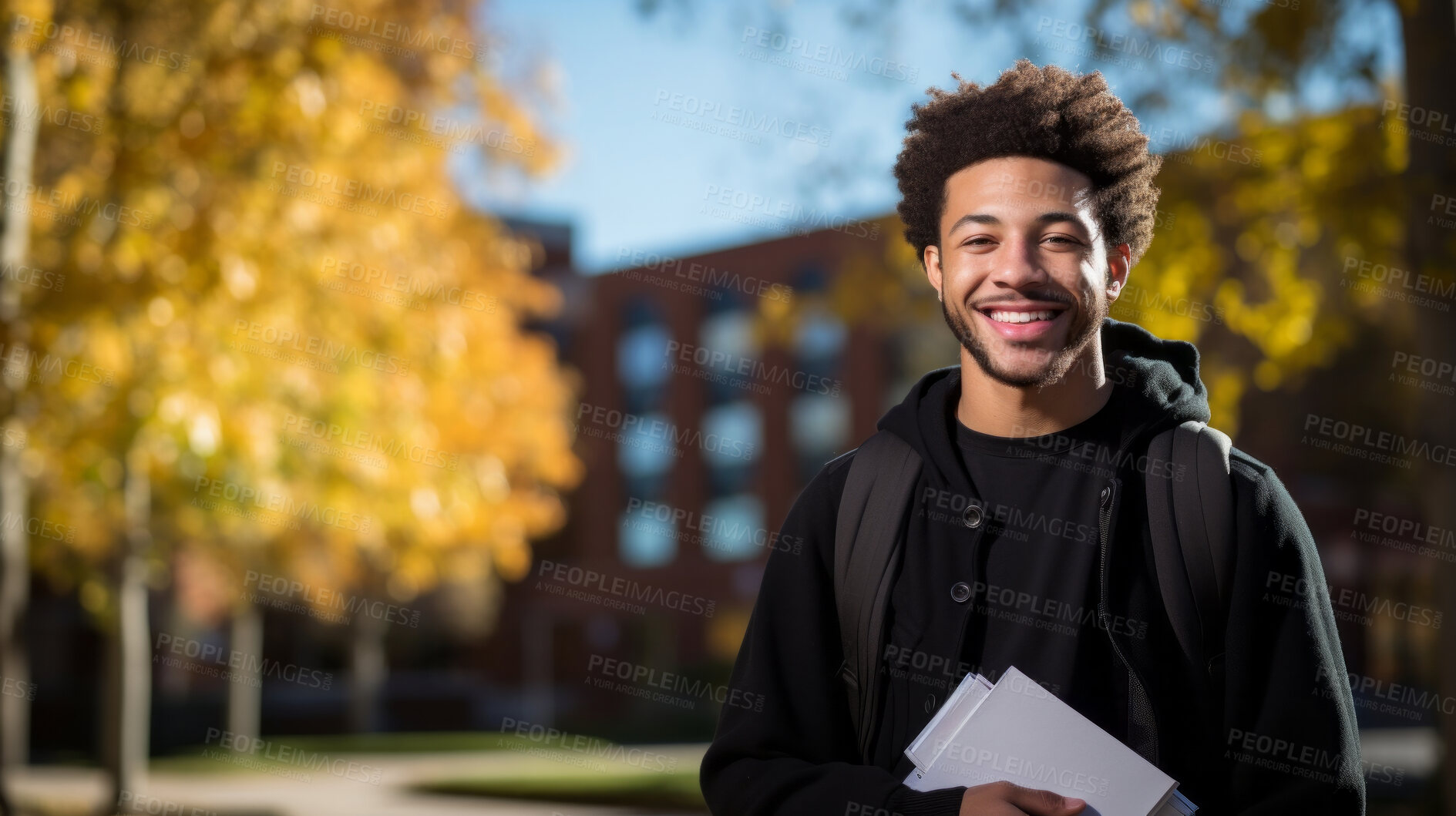 Buy stock photo Happy, man or student portrait smiling wearing a backpack, at university, college or school. Confident, African American, and motivated youth male for studies, learning and higher education