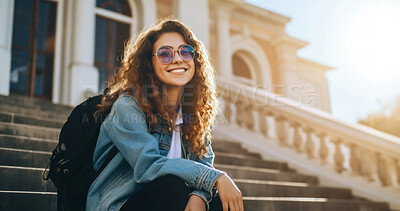 Happy, woman or student portrait smiling wearing a backpack, at university, college or school. Confident, happy, and motivated youth female for education, learning and higher education