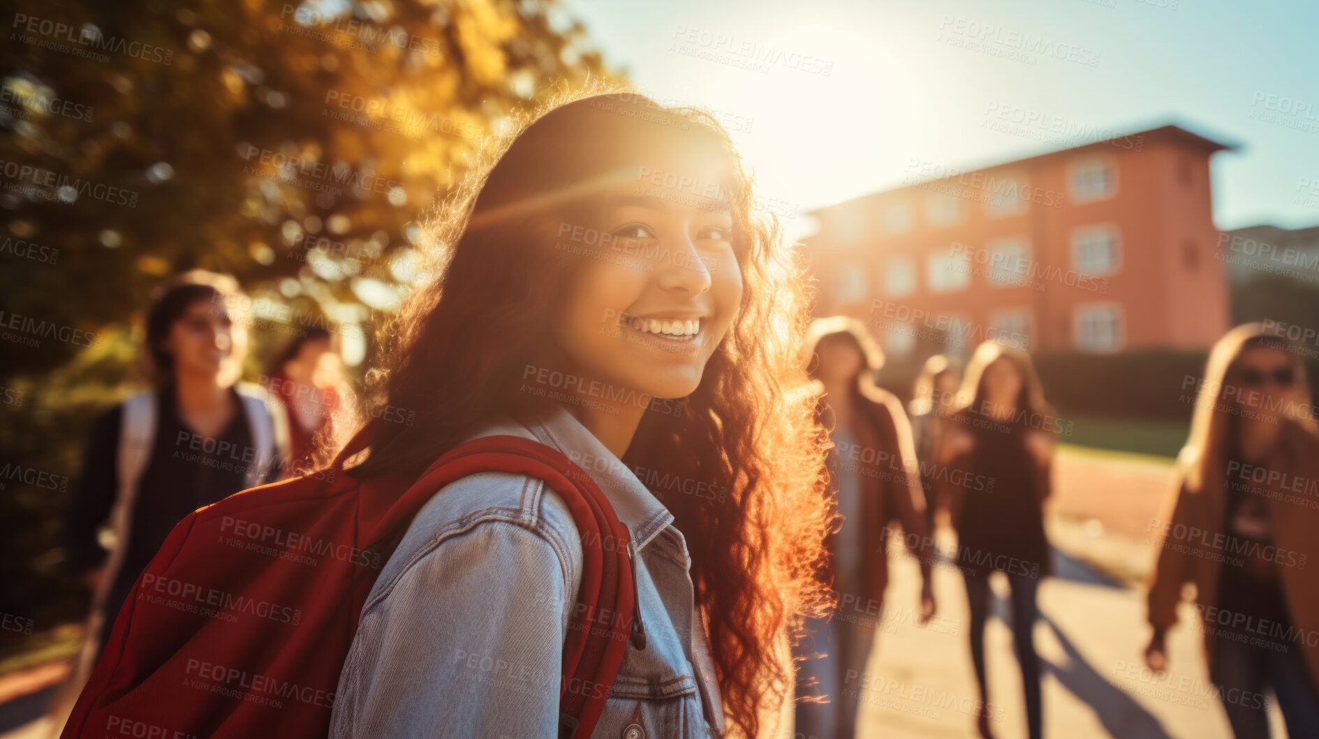 Buy stock photo Happy, woman or student portrait smiling wearing a backpack, at university, college or school. Confident, happy, and motivated youth female for education, learning and higher education