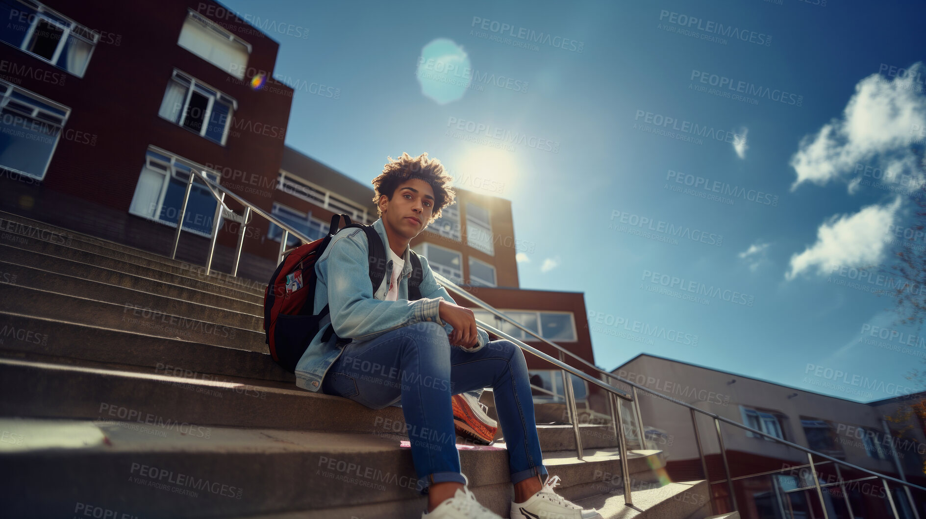 Buy stock photo Happy, man or student portrait smiling wearing a backpack, at university, college or school. Confident, African American, and motivated youth male for studies, learning and higher education