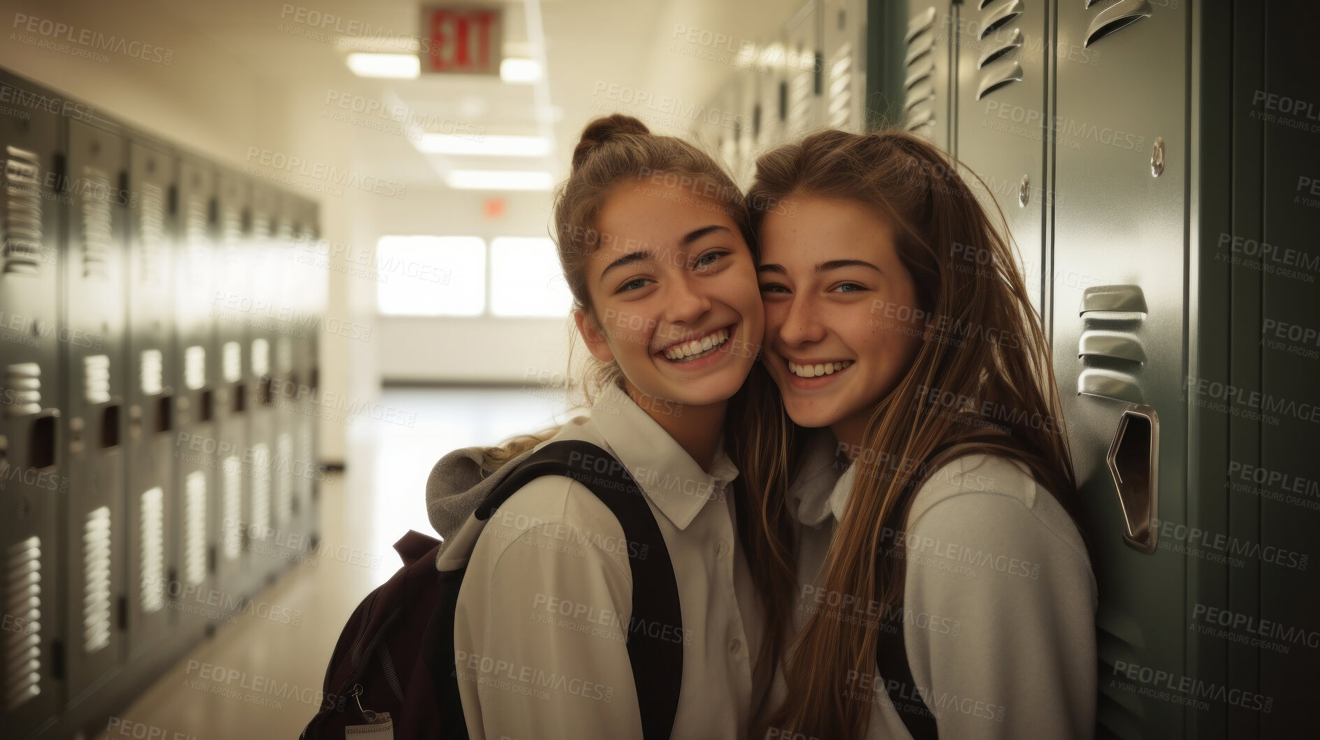 Buy stock photo Happy, best friends and women portrait smiling wearing a backpack, in university, college or school. Confident, hugging, and playful youth female for studies, learning and higher education