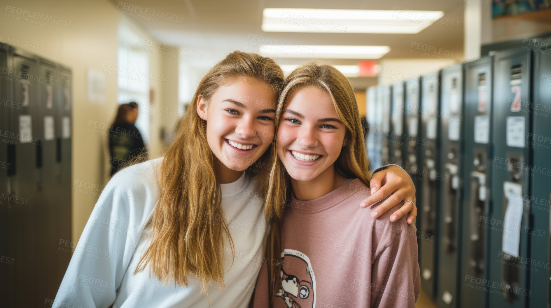 Buy stock photo Happy, best friends and women portrait smiling wearing a backpack, in university, college or school. Confident, hugging, and playful youth female for studies, learning and higher education