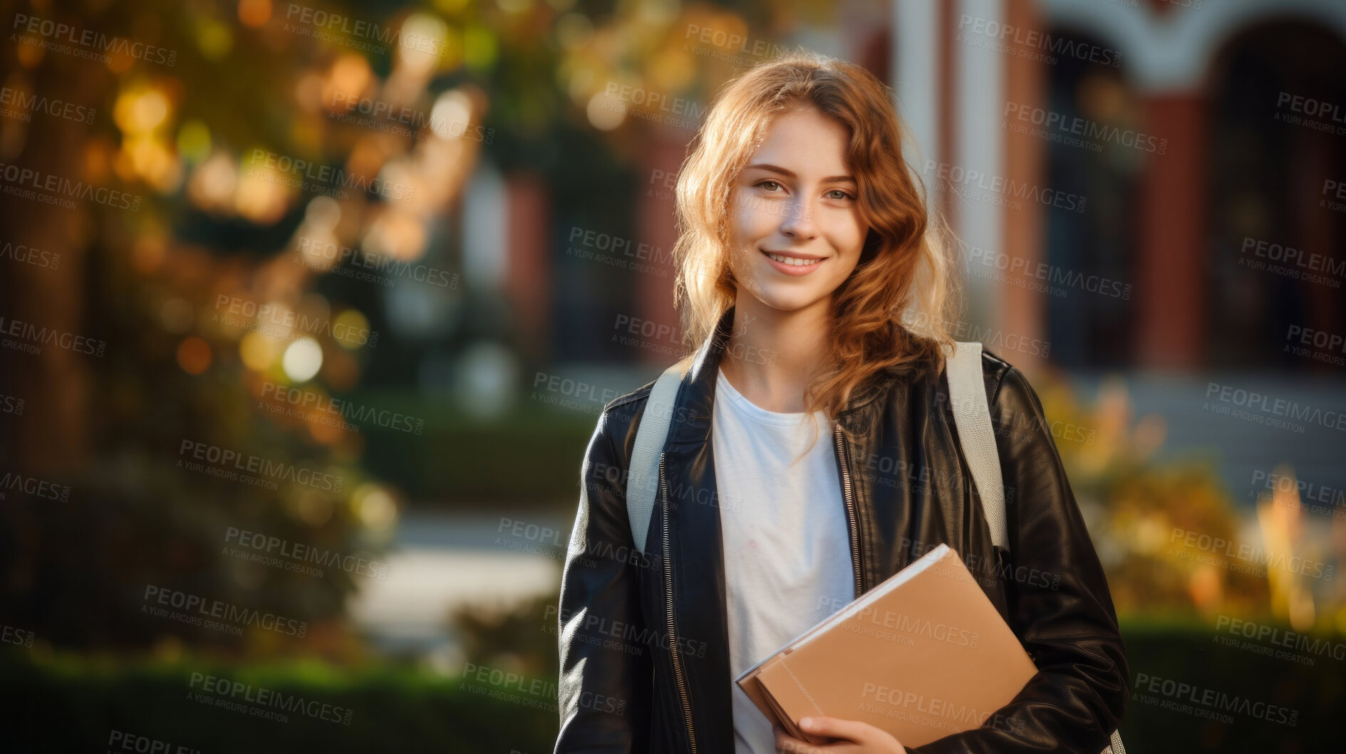 Buy stock photo Happy, woman or student portrait smiling while holding books, at university, college or school. Confident, happy, and motivated youth female for education, learning and higher education