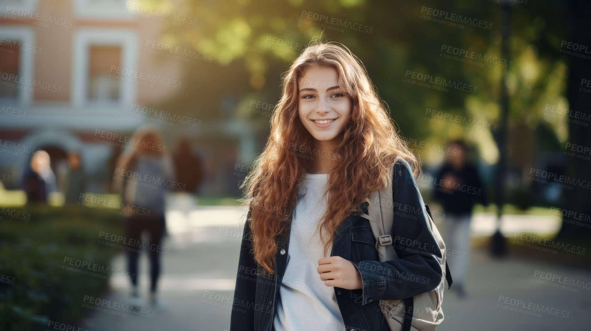 Buy stock photo Happy, woman or student portrait smiling wearing a backpack, at university, college or school. Confident, happy, and motivated youth female for education, learning and higher education