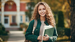 Happy, woman or student portrait smiling while holding books, at university, college or school. Confident, happy, and motivated youth female for education, learning and higher education