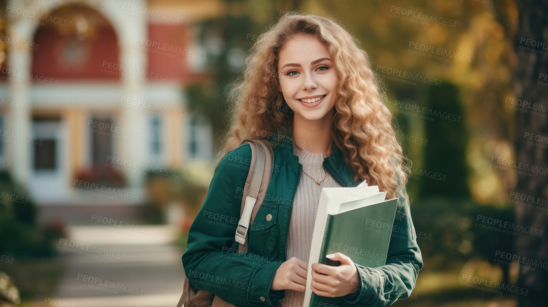 Buy stock photo Happy, woman or student portrait smiling while holding books, at university, college or school. Confident, happy, and motivated youth female for education, learning and higher education