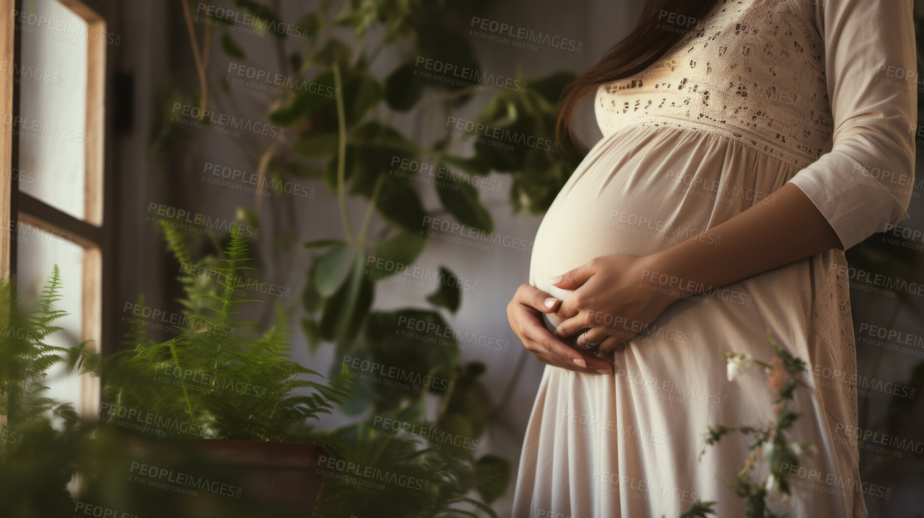 Buy stock photo Pregnant, woman and mother touching or caressing her belly while relaxing at home. Expecting, mom to be and cropped of a female rubbing her stomach and preparing for motherhood and childbirth