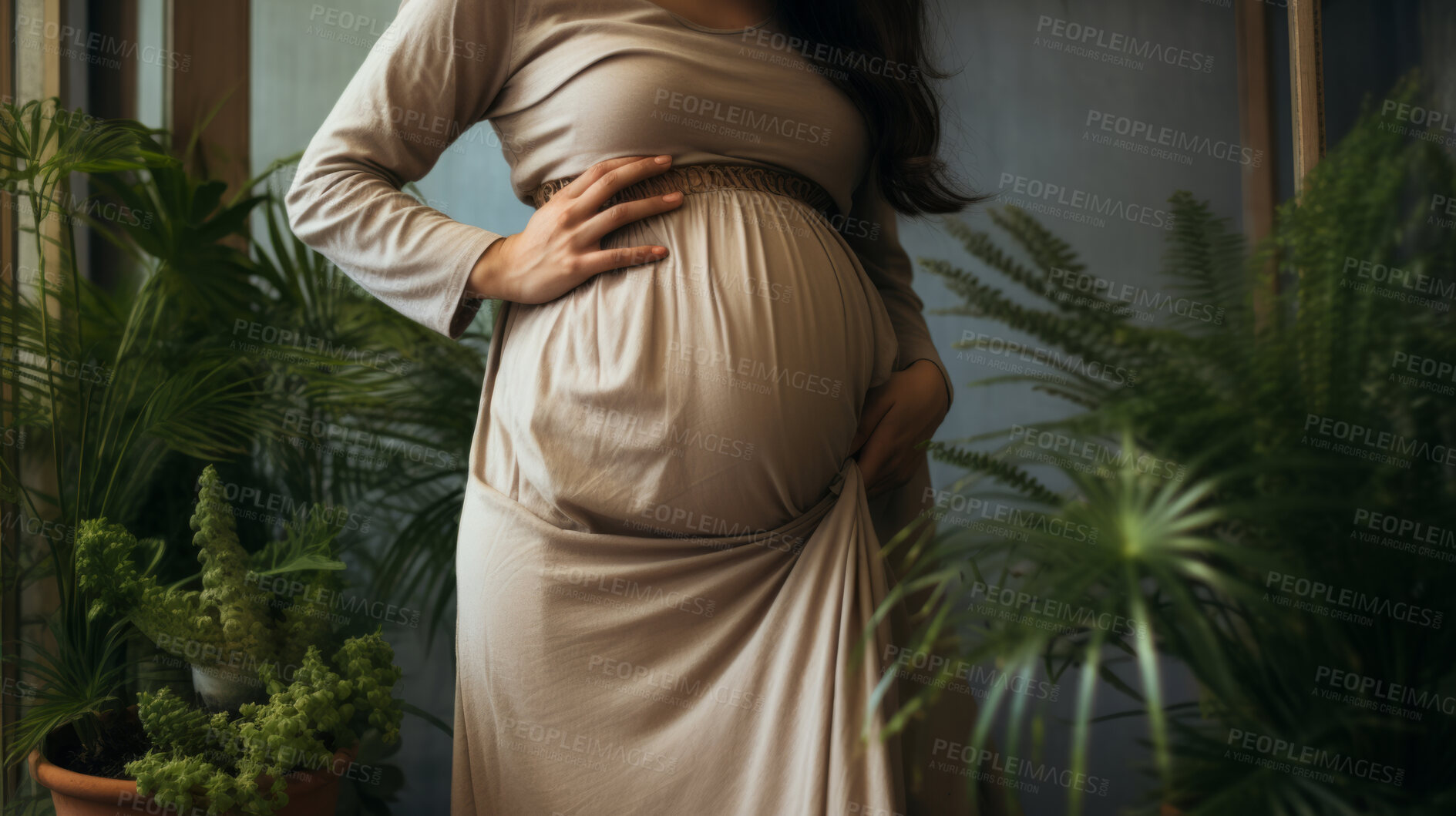 Buy stock photo Pregnant, woman and mother touching or caressing her belly while relaxing at home. Expecting, mom to be and cropped of a female rubbing her stomach and preparing for motherhood and childbirth
