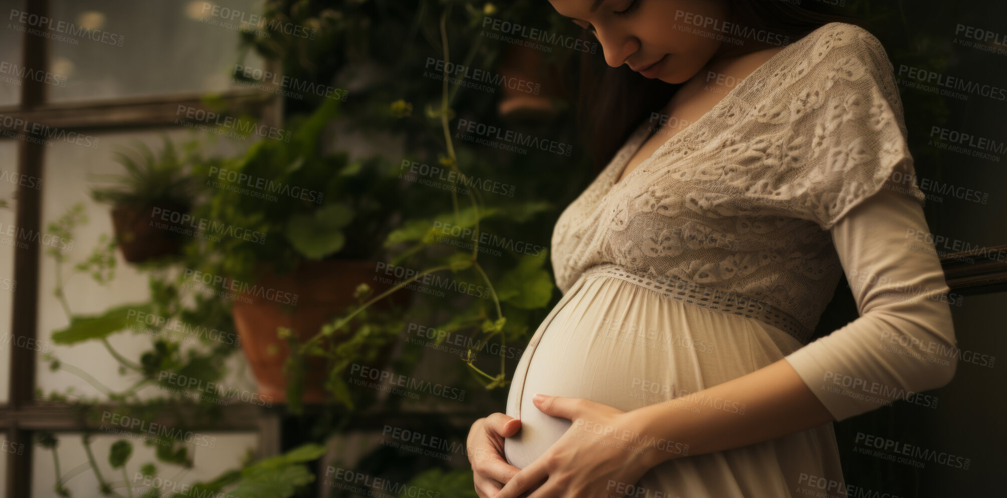 Buy stock photo Pregnant, woman and mother touching or caressing her belly while relaxing at home. Expecting, mom to be and cropped of a female rubbing her stomach and preparing for motherhood and childbirth