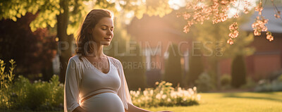 Buy stock photo Pregnant, woman, meditate or breathing exercises in garden or nature, for healthy pregnancy and preparing for childbirth. Mom to be practicing mindful meditation  for mental health, peace and healthy baby