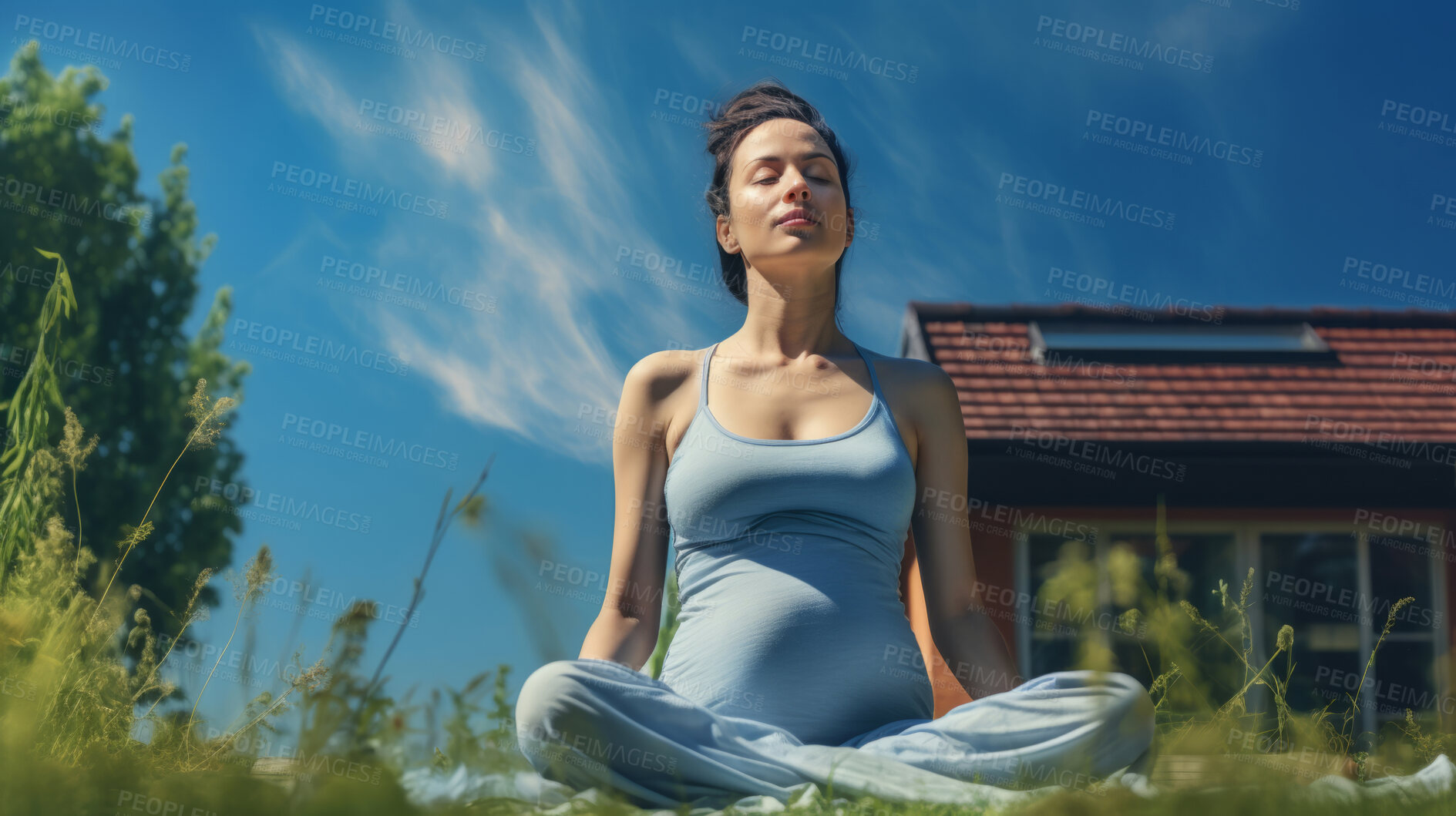 Buy stock photo Pregnant, woman, meditate or breathing exercises in garden or nature, for healthy pregnancy and preparing for childbirth. Mom to be practicing mindful meditation  for mental health, peace and healthy baby