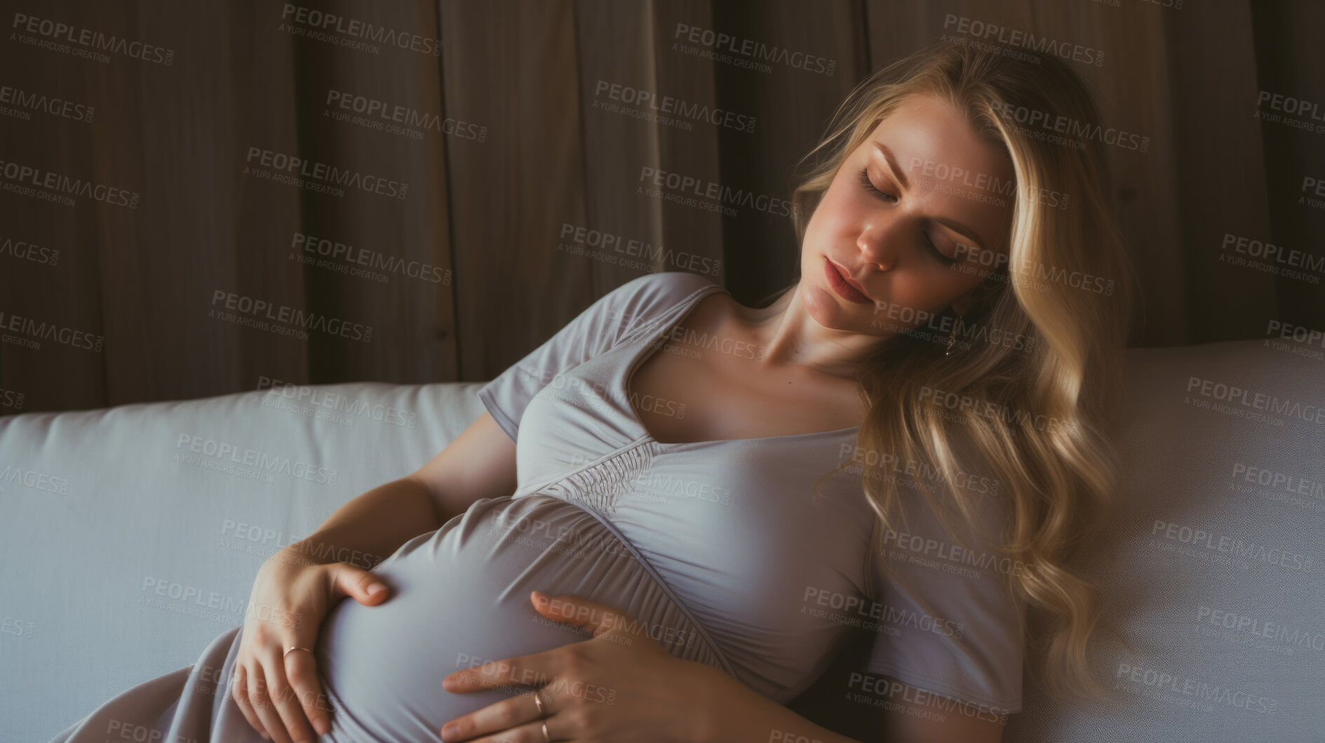 Buy stock photo Pregnant, woman and mother touching or caressing her belly while relaxing at home. Expecting, mom to be and cropped of a female rubbing her stomach and preparing for motherhood and childbirth