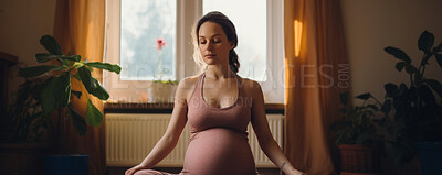 Pregnant, woman, meditate or breathing exercises at home for healthy pregnancy and preparing for childbirth. Mom to be practicing mindful meditation for mental health, peace and healthy baby