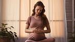 Pregnant, woman, meditate or breathing exercises at home for healthy pregnancy and preparing for childbirth. Mom to be practicing mindful meditation  for mental health, peace and healthy baby
