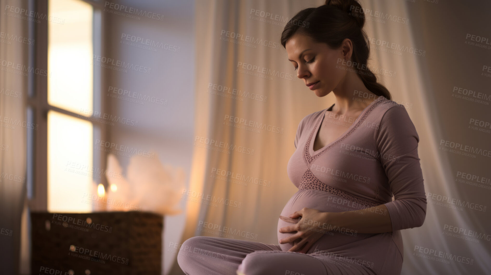 Buy stock photo Pregnant, woman, meditate or breathing exercises at home for healthy pregnancy and preparing for childbirth. Mom to be practicing mindful meditation  for mental health, peace and healthy baby