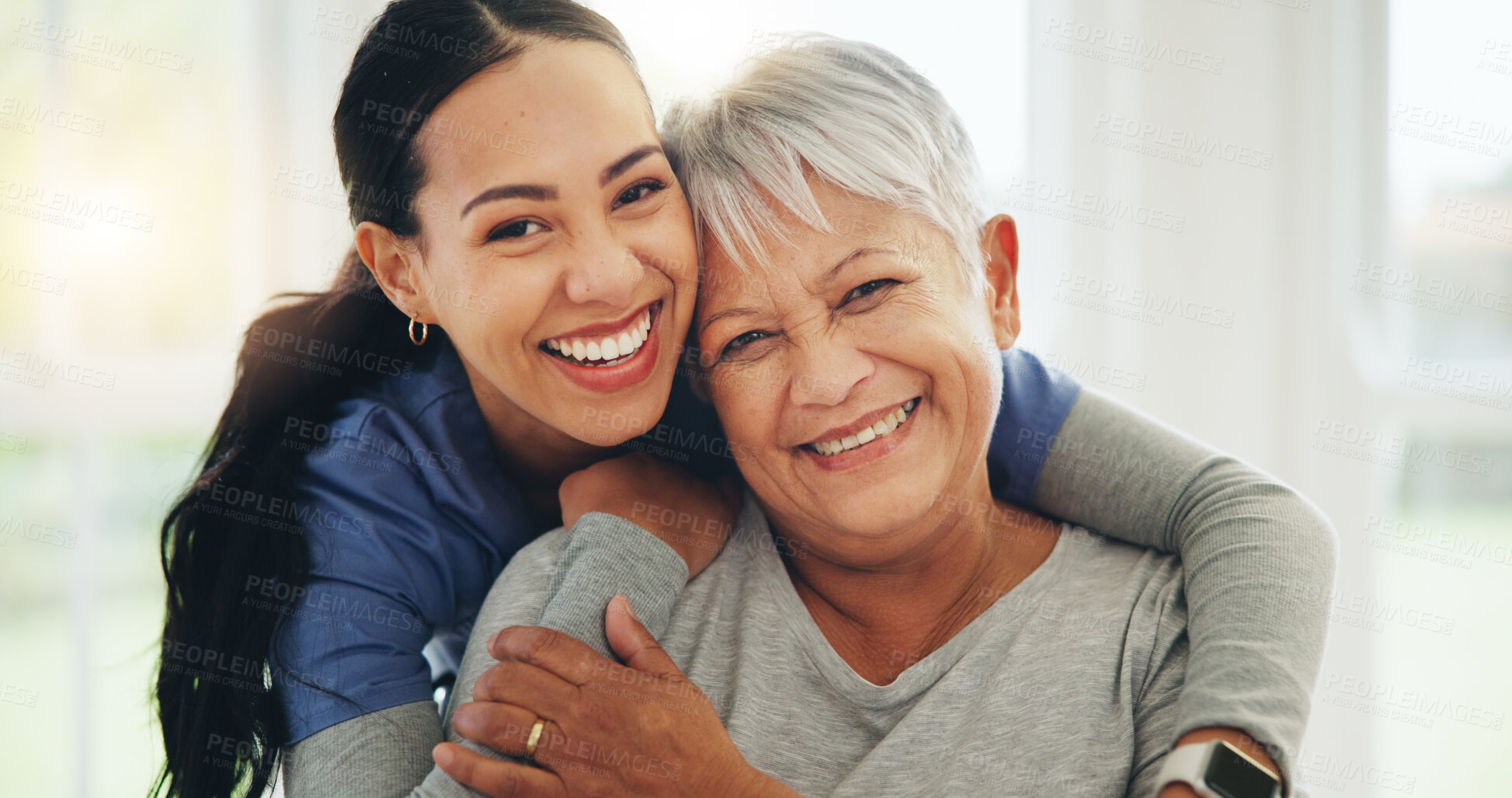 Buy stock photo Happy woman, nurse and hug senior patient in elderly care, support or trust at old age home. Portrait of mature female person, doctor or medical caregiver hugging with smile for embrace at house