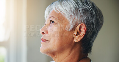 Buy stock photo Senior woman, thinking and looking out window in memory, ambition or dreaming in retirement home. Closeup or face of mature female person in wonder, contemplating or thought for idea or hope at house