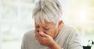 Buy stock photo Senior, woman and mouth hand for cough sick or winter virus, bacteria infection or flu disease. Old person, anxiety or fear illness for wellness of asthma risk or tuberculosis, cancer on wheelchair