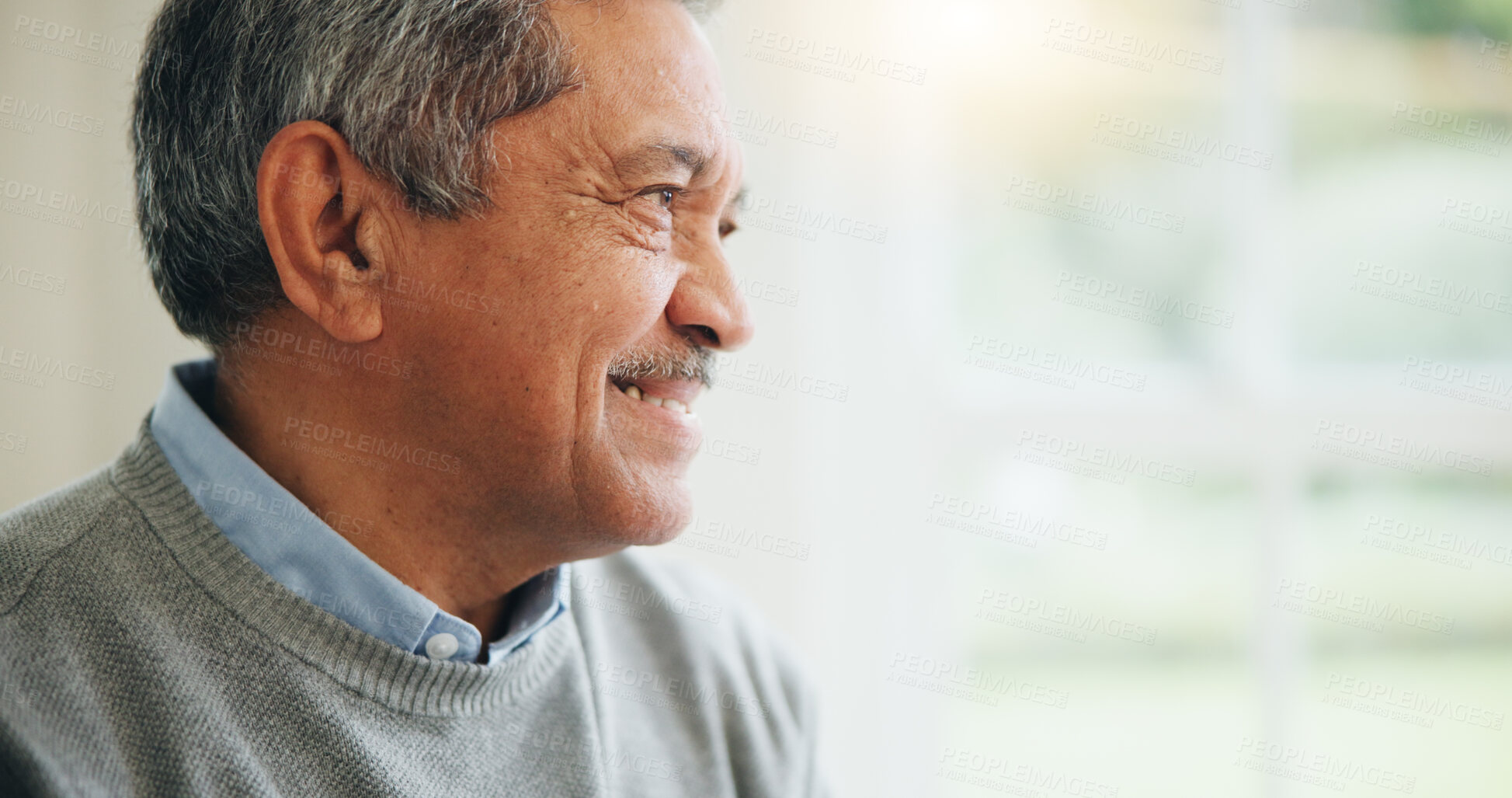 Buy stock photo Senior man, smile and wellness in home for confident, pride to enjoy retirement with peace. Mature person,  happy and face of gratitude for trust, positive and satisfaction to relax in nursing house