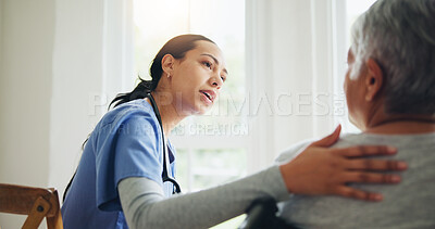 Woman, nurse and senior patient in wheelchair for elderly care, support or trust at old age home. Medical doctor or caregiver listening to person with a disability or consulting for health advice