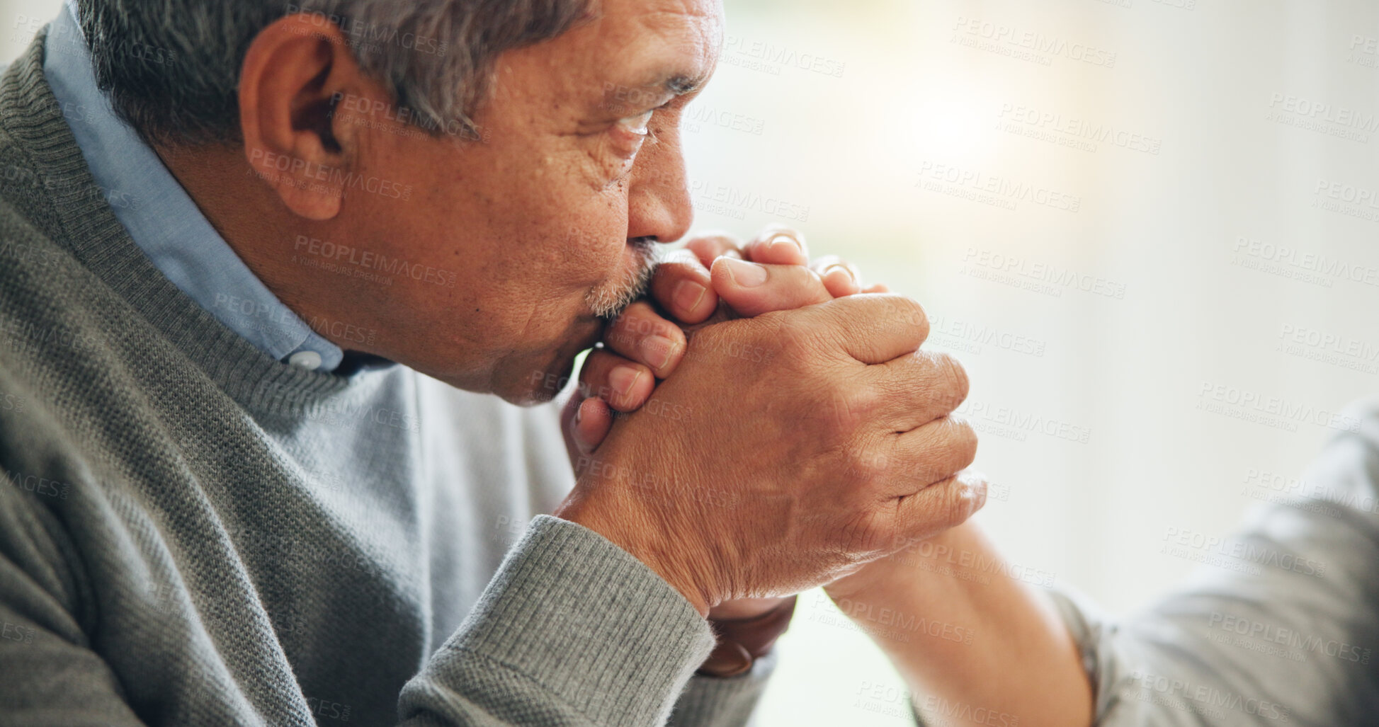 Buy stock photo Home, kissing hand and senior couple with love, marriage and romance with celebration, bonding together and care. Support, old man and elderly woman with relationship, anniversary and trust with joy