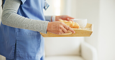 Buy stock photo Woman, hands and nurse with breakfast tray in elderly care, support or volunteer at home. Closeup of female person, medical doctor or caregiver holding snack, meal or service for healthy nutrition