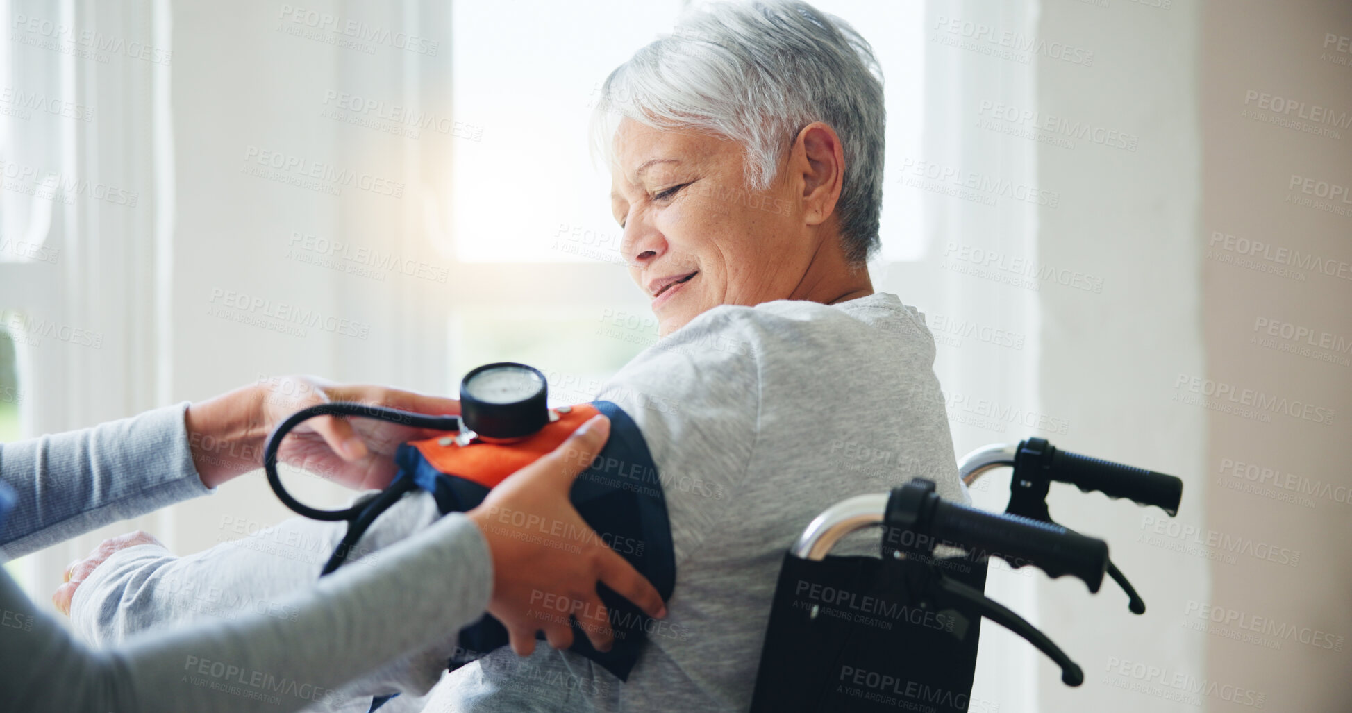 Buy stock photo Woman, doctor and senior in wheelchair for blood pressure, monitoring or elderly care at old age home. Nurse or medical caregiver checking BPM of mature patient or person with a disability at house