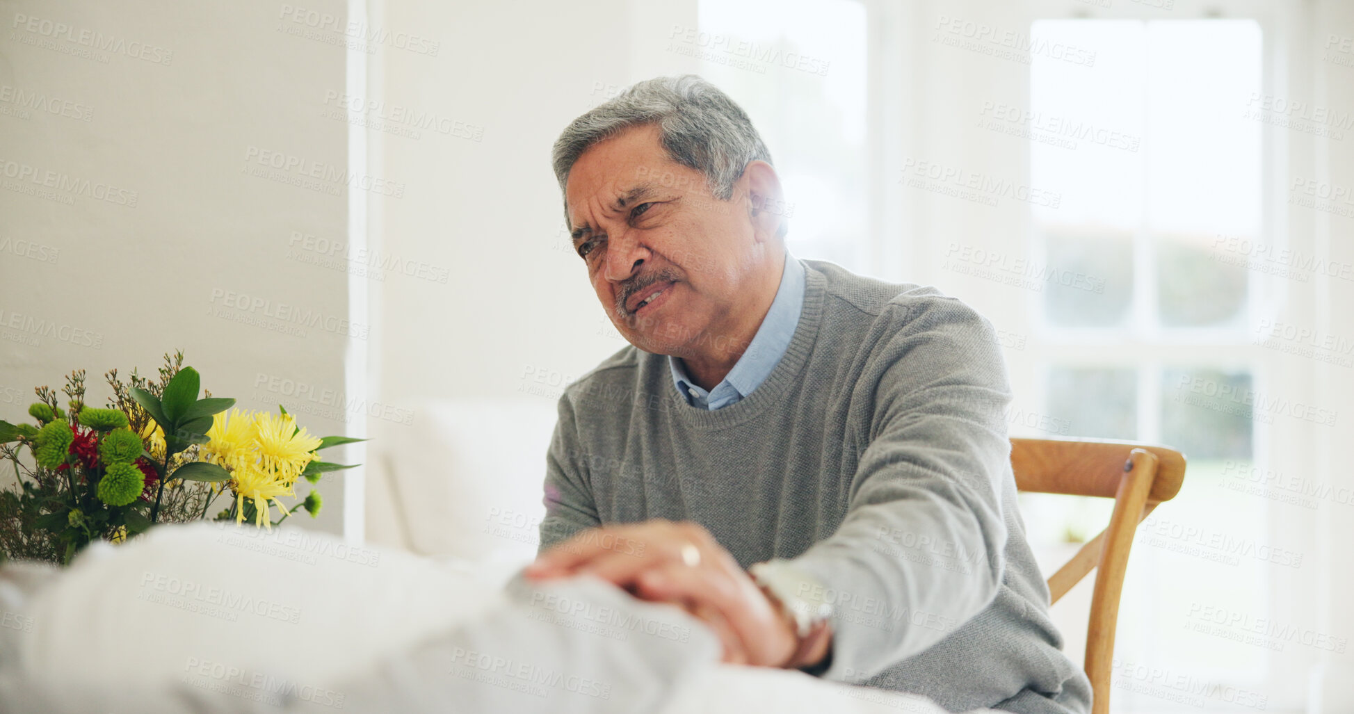 Buy stock photo Woman, hospice and hand holding with sickness, husband and health issue with partner, sick or hand holding for support. Care, conversation and love for marriage, nursing home and embrace with empathy