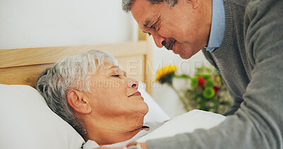 Buy stock photo Woman, hospice and patient with sickness, husband and health issue with partner, sick or hand holding for support. Care, conversation and love for marriage, nursing home and embrace with empathy