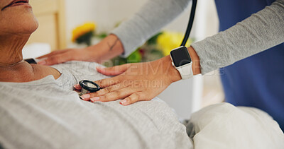 Buy stock photo Doctor, hands and checking patient heart beat with stethoscope for healthcare or monitoring at home. Closeup of nurse or medical caregiver listening in cardiology for rate or blood pressure at house