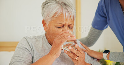 Buy stock photo Nurse, senior woman and drinking water for medication in healthcare, support or trust at old age home. Closeup of mature patient with mineral drink, beverage or medical caregiver in natural nutrition