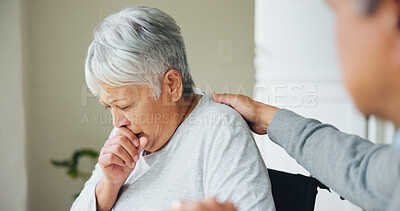 Buy stock photo Senior, woman and cough sick support or husband hug in home for concern, empathy or winter virus. Old person, man and comfort for bacteria infection or flu disease retirement or allergy, risk in pain