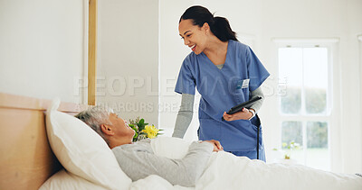 Buy stock photo Happy woman, nurse and tablet with patient in bed, elderly care or checkup at old age home. Female person, doctor or medical caregiver smile with technology and client lying in bedroom for healthcare