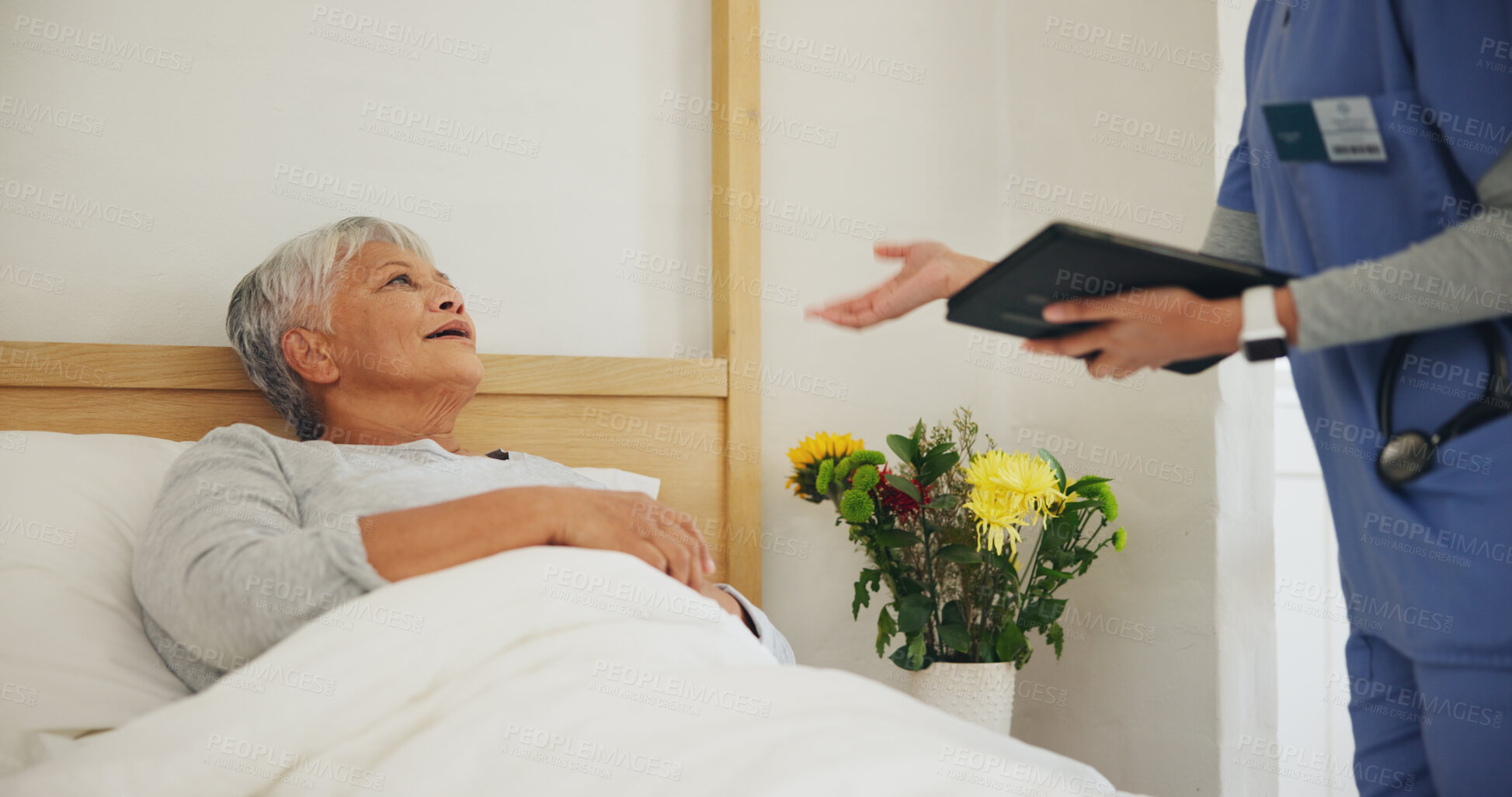 Buy stock photo Doctor, tablet and senior woman in bed with consultation, health insurance and discussion on diagnosis in clinic. Elderly person, healthcare and nurse with tech for explain, medic report in hospital