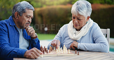 Buy stock photo Senior couple, chess match or thinking of strategy, plan or mindset for brain power or move at home. Elderly woman, old man or board game for problem solving, ideas or challenge to relax in backyard