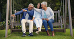 Father, senior or mother with woman on bench in nature pointing, talking or speaking in retirement. Dad, mature parents or daughter in conversation with bond together in park or garden as a family