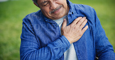 Buy stock photo Senior man, heart attack and chest pain at park, medical healthcare emergency and lung discomfort outdoor. Elderly person, garden and breathing problem, cardiac arrest and sick, injury or heartburn