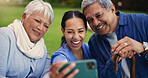 Happy woman, doctor and senior couple in selfie for photography, elderly care or retirement in nature. Medical nurse or caregiver smile with mature people for picture, photograph or memory at park