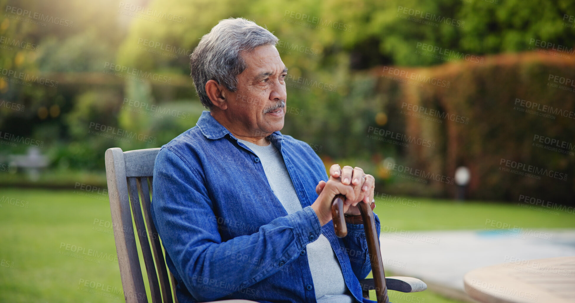 Buy stock photo Elderly, man or thinking with cane for retirement, alzheimer and memory outdoor on bench and lonely. Senior, person or walking stick with nostalgia, thoughtful and peace in nature or park with wonder