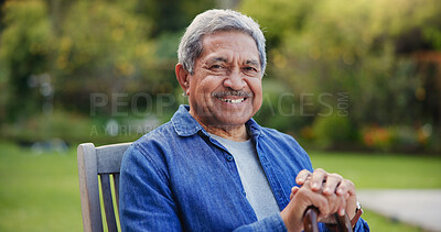 Buy stock photo Senior man, portrait or smile by walking stick in nature or sunshine wellness on retirement. Face, happy or elderly pensioner person with a disability in garden, relax or cane for arthritis with gout