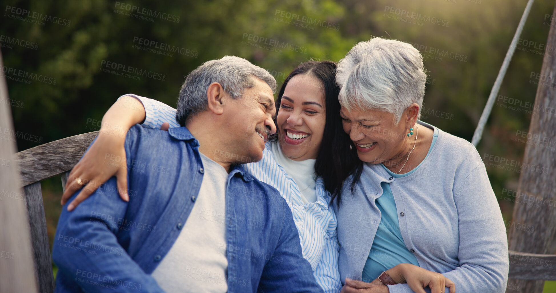 Buy stock photo Happy family, senior parents or woman on bench in nature, hug or bonding in smile on retirement. Mature man, mother and older daughter for together in laughter, lounge and embrace for love in garden