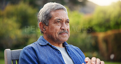 Buy stock photo Senior, man or thinking outdoor for memory, lonely or retirement with alzheimer on bench. Elderly, person or nostalgia, thoughtful and peace in nature or park with wonder, depressed or remember life