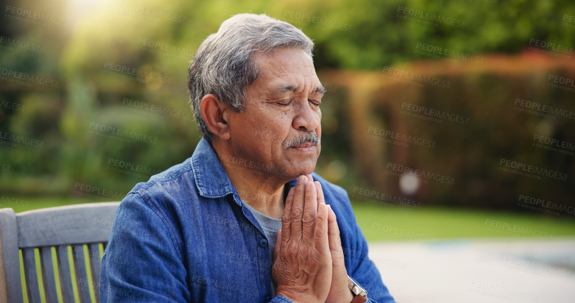 Buy stock photo Senior, man or hands praying outdoor for religion, worship and support for jesus christ in garden of home. Elderly, person and prayer for thank you, gratitude and trust in God for praise or salvation
