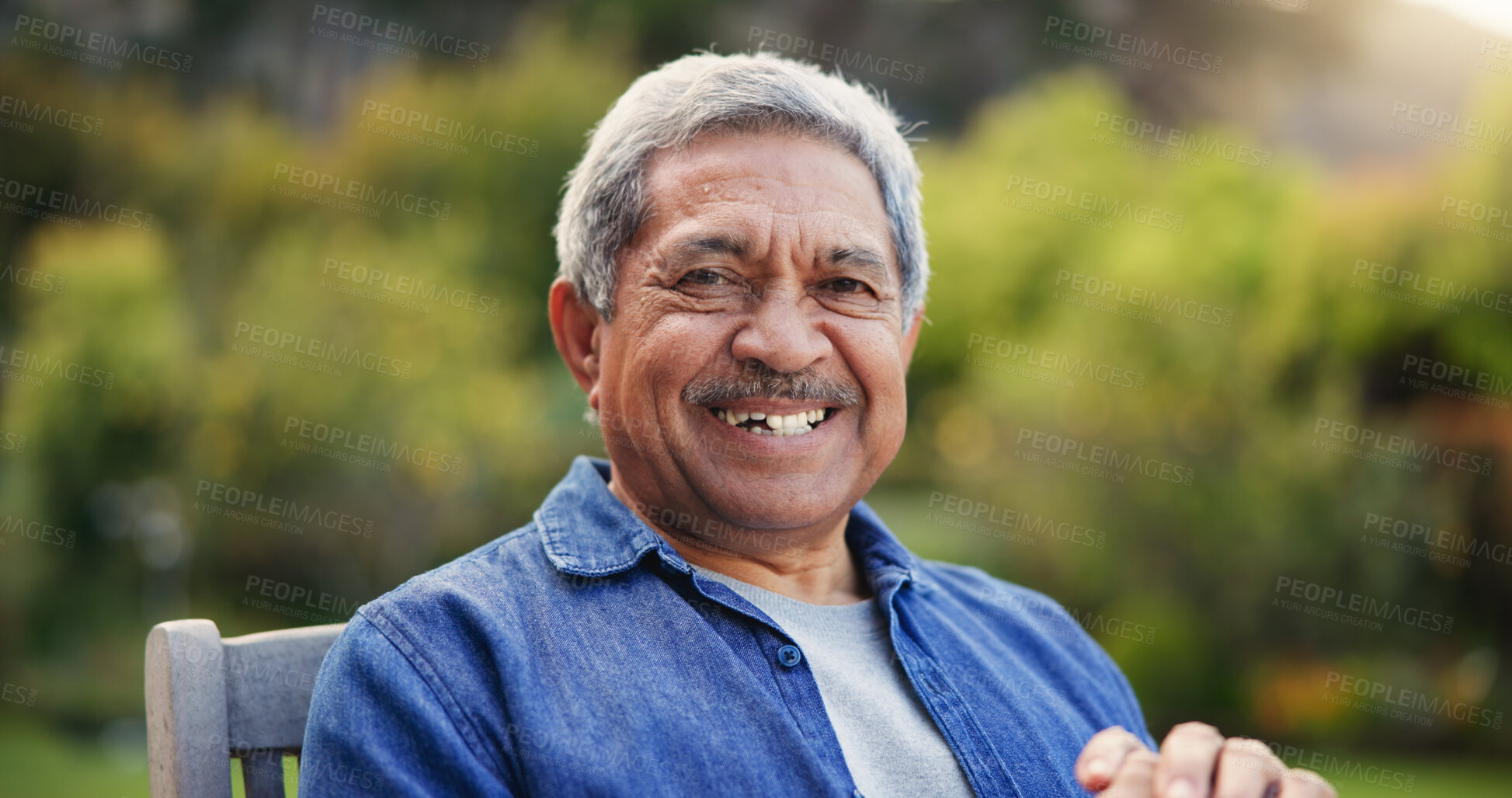 Buy stock photo Senior man, portrait and bench with happy for relax wellness, gratitude and confident in nature on retirement. Face, smile and elderly pensioner in mexico garden, calm and leisure outdoor on weekend